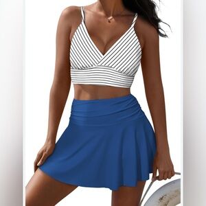 Striped Bikini Top and Blue Skirt Set